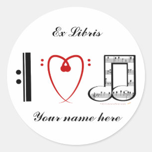 Sticker Rond I Love Music (I heart notes) Ex Libris Bookplate