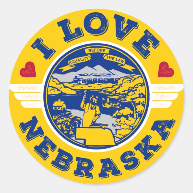 Sticker Rond I Love Nebraska State Drapeau and Map (Devant)