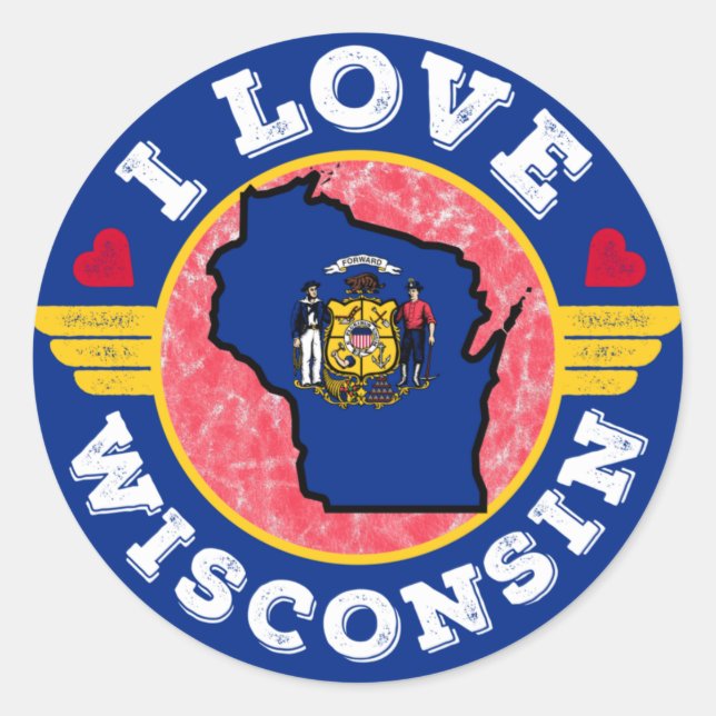 Sticker Rond I Love Wisconsin State Map and Flag (Devant)