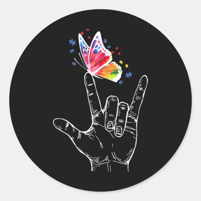 Sticker Rond I Love You Hand Sign Language Butterfly Autism (Devant)