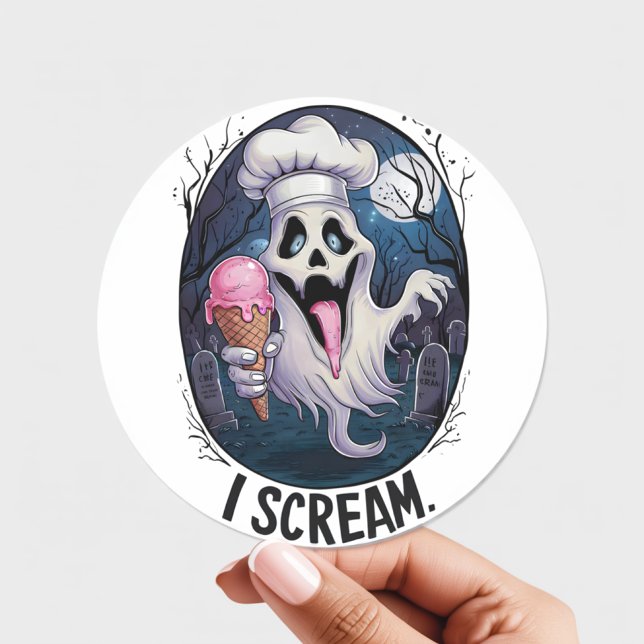 Sticker Rond "I Scream" Funny Ghost Chef Halloween Ice Cream St (Créateur téléchargé)