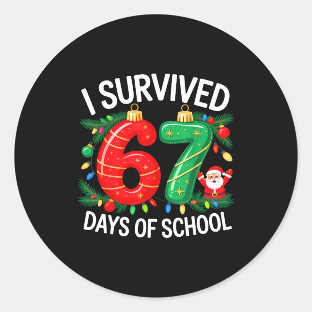 Sticker Rond I Survived 67 Days Of School Christmas Candy Cane  (Devant)