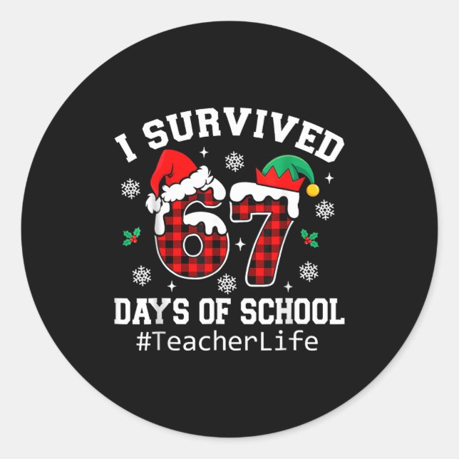 Sticker Rond I Survived 67 Days Of School Red Buffalo Plaid Tea (Devant)