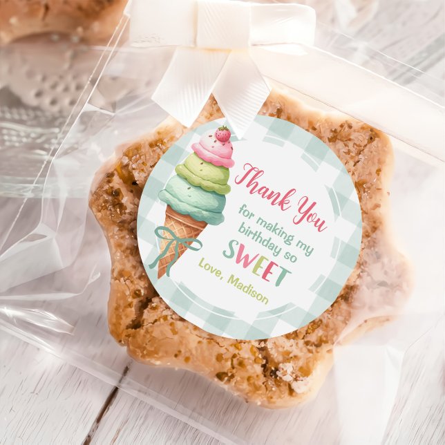 Sticker Rond Ice Cream Blue Bow Gingham Birthday Party (Créateur téléchargé)