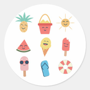 Sticker Rond Icônes de dessin animé Kawaii drôles d'été 