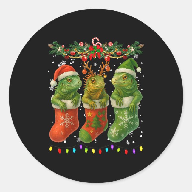 Sticker Rond Iguanas In Christmas Socks Lights Iguanas Xmas  (Devant)