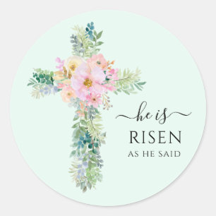 Sticker Rond Il est Ressuscité Vert Aquarelle Croix