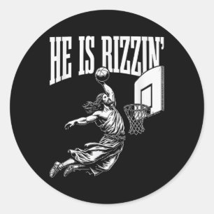 Sticker Rond Il Est Rizzin Funny Jesus Basketball Mème