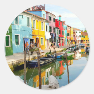 Sticker Rond Île de Burano près de Venise, Maisons Arc en Ciel 
