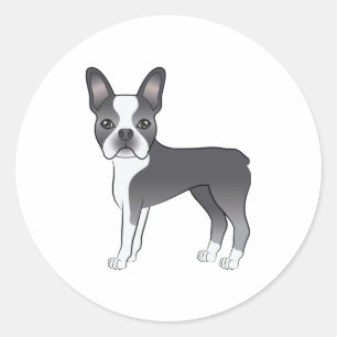 Sticker Rond Illustration de chien Boston Terrier bleu et blanc