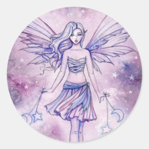 Sticker Rond Illustration de fée Astralina mignonne bleu violet