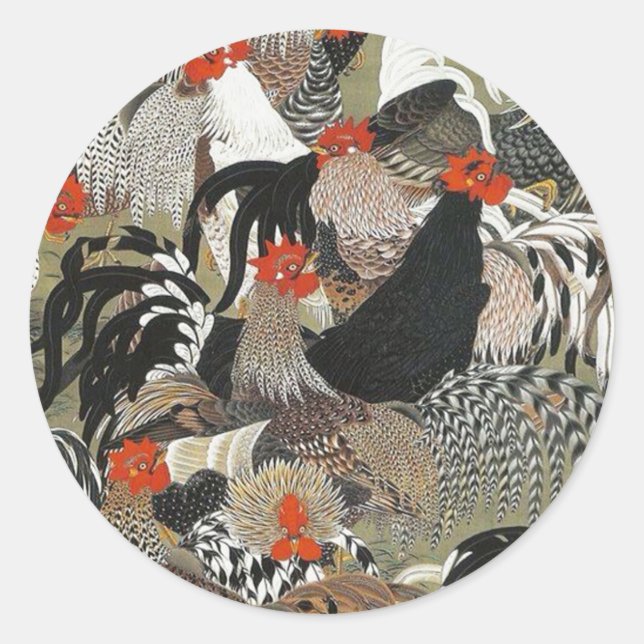 Sticker Rond Illustration de Hen Roosters par Ito Jakuchu (Devant)