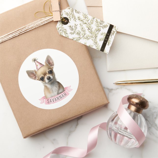 Sticker Rond Illustration de la mite blanche rose Chihuahua (Cadeaux)