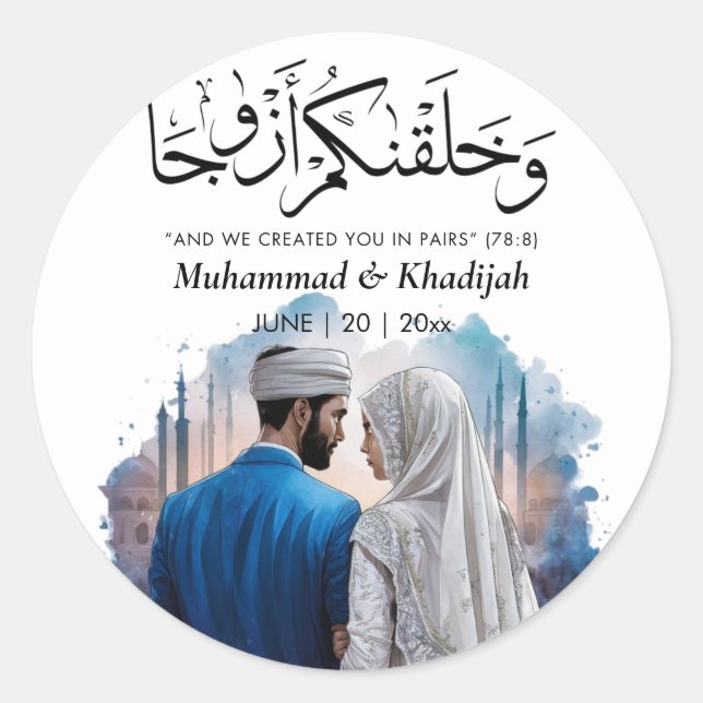 Sticker Rond Illustration de la pièce de mariée musulmane Citat (Devant)