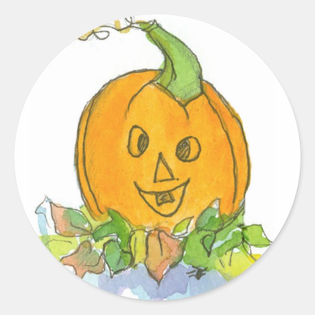 Sticker Rond Illustration de l'aquarelle Jack-O-Lantern Citroui (Devant)