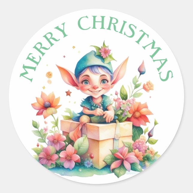 Sticker Rond Illustration de l'aquarelle Joyeux Elfe de Noël (Devant)