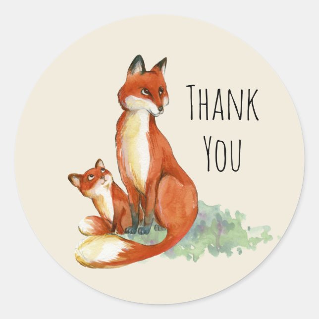 Sticker Rond Illustration de l'aquarelle Momma Fox et Baby (Devant)