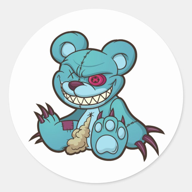 Sticker Rond illustration de l'ours en peluche bleu malin assis (Devant)