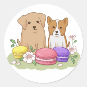 Sticker Rond Illustration de mignonnes chiots et macarons