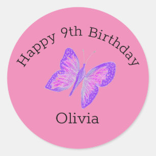 Sticker Rond Illustration de papillon d'anniversaire rose pâle