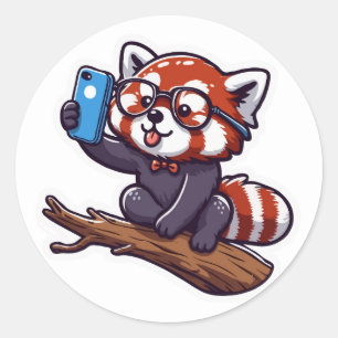 Sticker Rond Illustration de Selfie Panda Rouge mignonne
