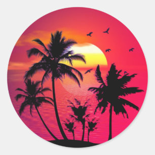 Sticker Rond Illustration des palmiers couchés de soleil de la 