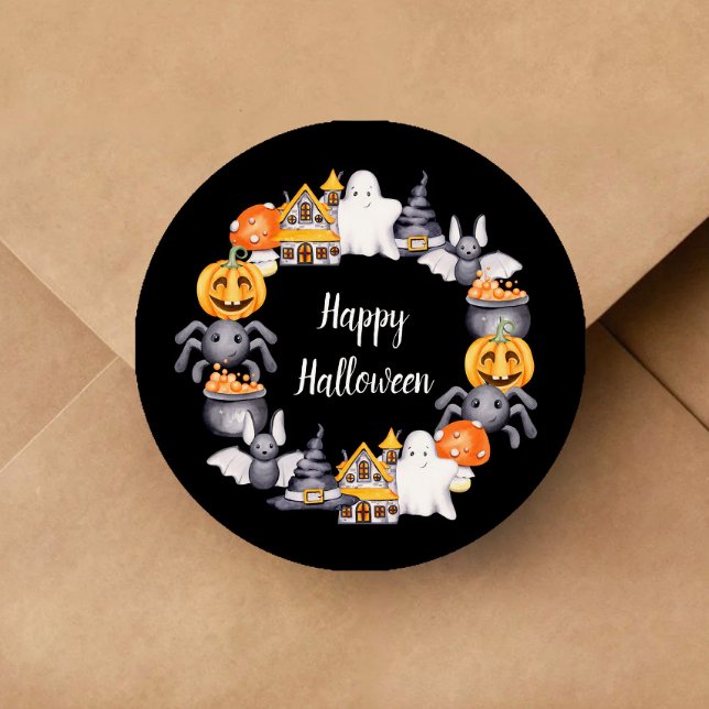 Sticker Rond Illustration d'Halloween noir mignon (Cute Black Happy Halloween Illustration Classic Round Sticker)