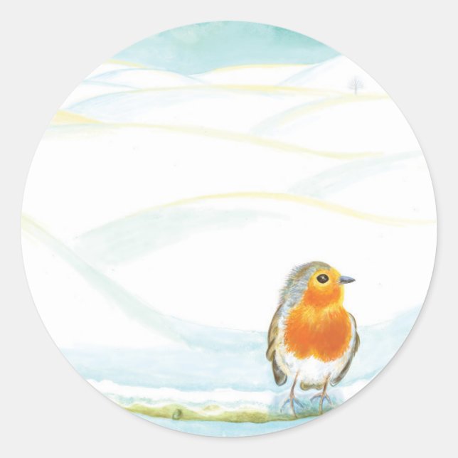 Sticker Rond Illustration Du Paysage D'Hiver Avec Robin (Devant)