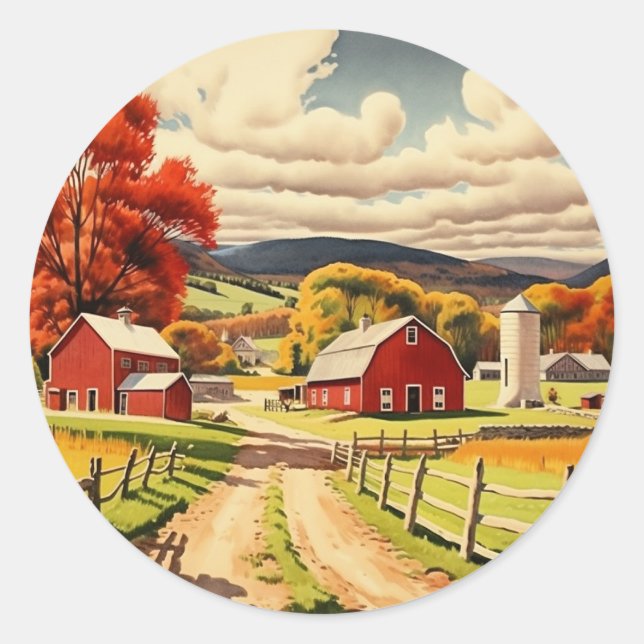 Sticker Rond Illustration d'une ferme d'automne (Devant)