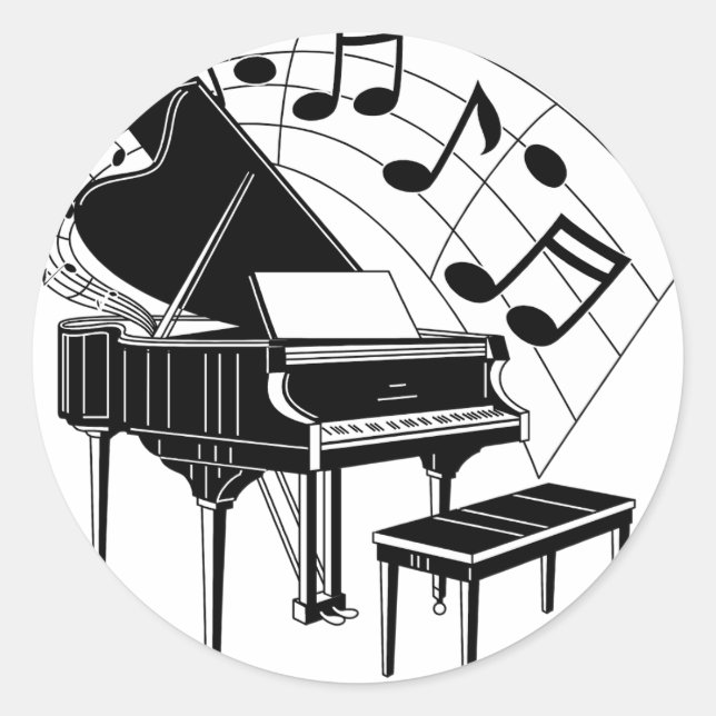 Sticker Rond Illustration en noir/blanc de Grand Piano & Notes (Devant)
