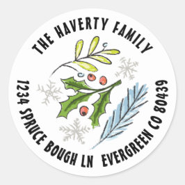 Sticker Rond Illustration esquissée Épicéa bleu Fêtes d'hiver