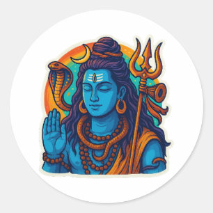 Sticker Rond Illustration minimale de Lord Shiva – Trishul, Dam