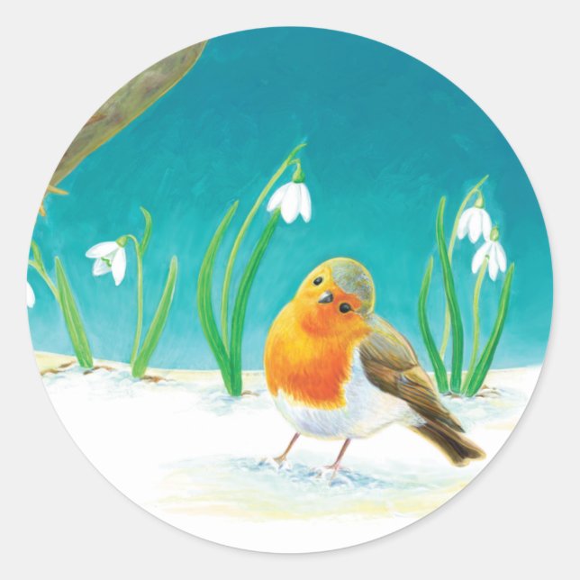 Sticker Rond Illustration Red Robin Bird and Snowdrops (Devant)