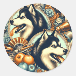 Sticker Rond Illustration Retro Siberian Husky
