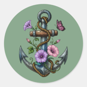 Sticker Rond Illustration vintage d'ancre florale de volubilis