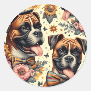 Sticker Rond Illustration vintage de chien de boxe