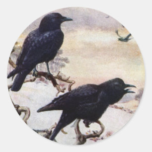Sticker Rond Illustration Vintage des corbeaux en hiver