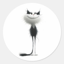 Sticker Rond Illustration Whimsical Black White Grinning Cat