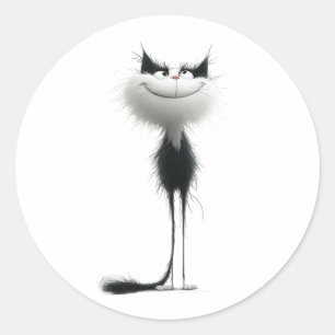 Sticker Rond Illustration Whimsical Black White Grinning Cat