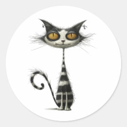 Sticker Rond Illustration Whimsical Black White Striped Cat