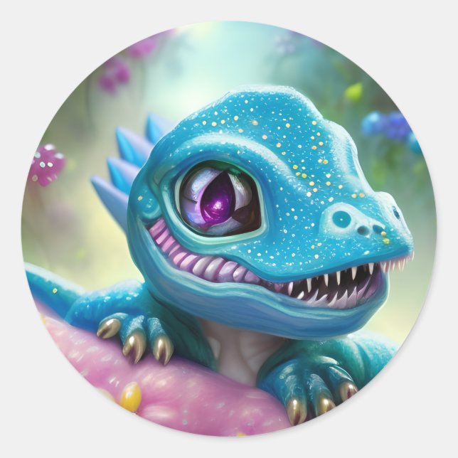 Sticker Rond Imaginaire Kawaii mignon et adorable bébé dragon (Devant)