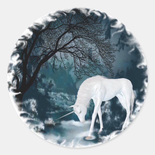 Sticker Rond Imaginaire licorne blanche en mythologie forestièr (Devant)