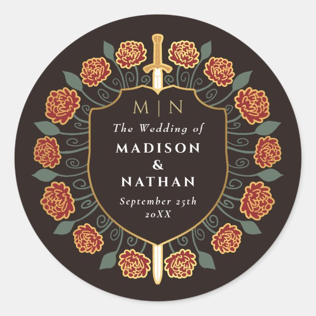 Sticker Rond Imaginaire médiéval Red Sword Shield Mariage Monog (Devant)