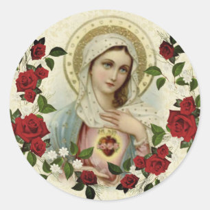 Sticker Rond Immaculé Coeur Vierge Marie Roses rouges