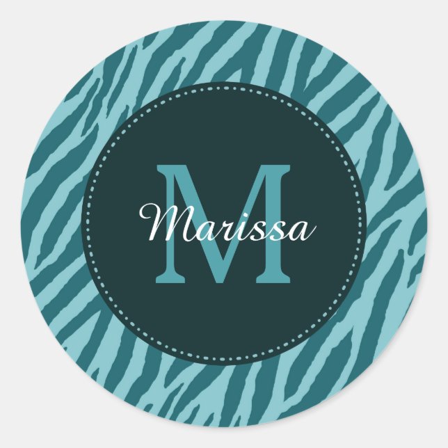 Sticker Rond Impression Zèbre Turquoise avec Monogramme et nom (Devant)