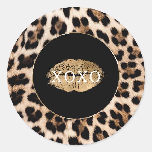 Sticker Rond Imprimé léopard lèvres dorées XOXO (Devant)