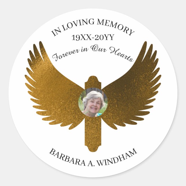 Sticker Rond In Love Memory Photo Keepsaké Croix avec ailes (Devant)