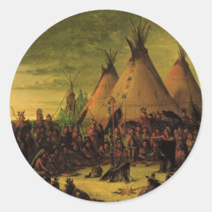 Sticker Rond Indiens vintage, Conseil de guerre sioux par Catli