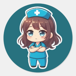 Sticker Rond Infirmière Chibi Originale - Calme Professionnel
