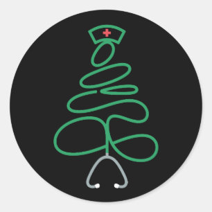 Sticker Rond Infirmière de Noël Stéthoscope Arbre Chapeau de Pè